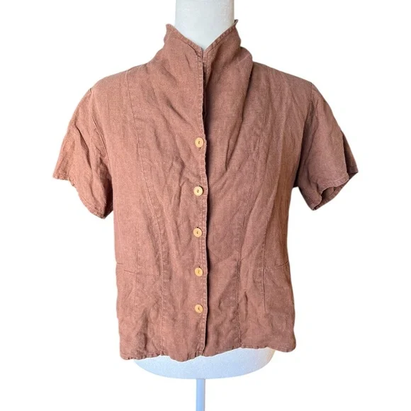 Flax 100% Linen Cocoa Brown Button-Up Shirt | Minimalist Boxy Fit Small - Picture 2 of 5